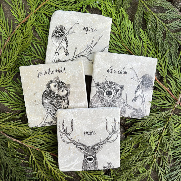 Set of Snowy Christmas Marble Coasters - Cedar Mountain Studios