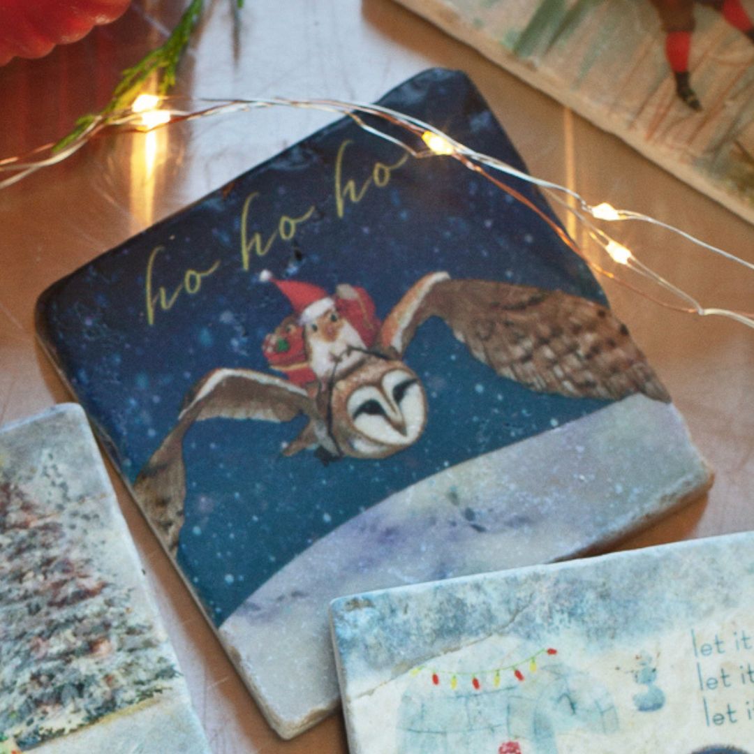 Set of Whimsical Christmas Marble Coasters - Cedar Mountain Studios